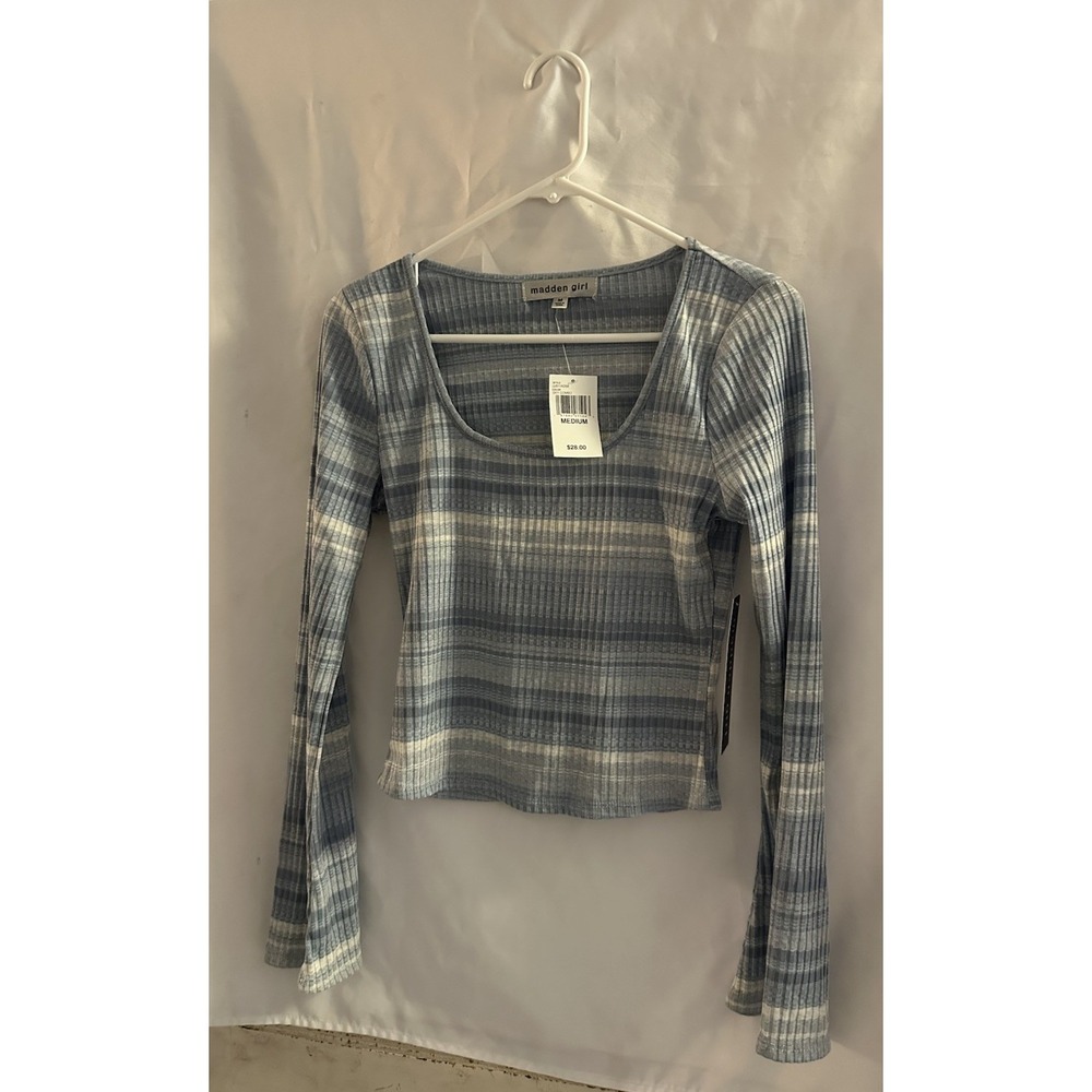 Madden Girl Ribbed Long Sleeve Crop Top Sky Combo Plaid Medium NWT JJ911AD68